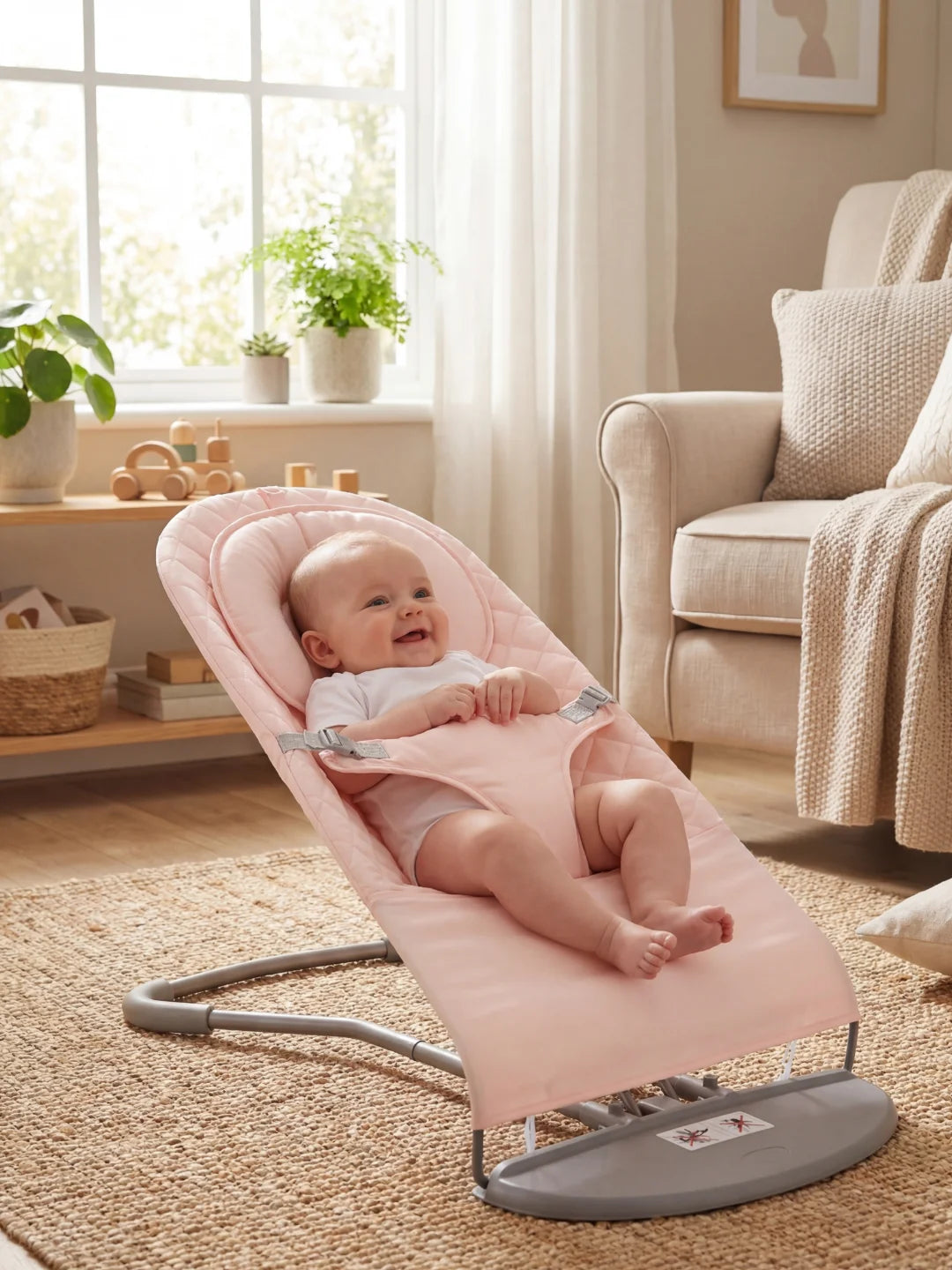 Bébé heureux dans un transat rose pastel dans une chambre d'enfant baignée de lumière.