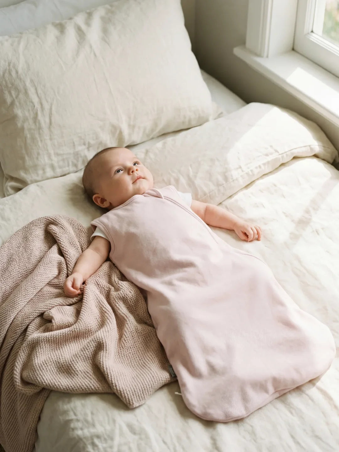 Bébé éveillé allongé dans sa gigoteuse jersey rose pâle sur un lit blanc