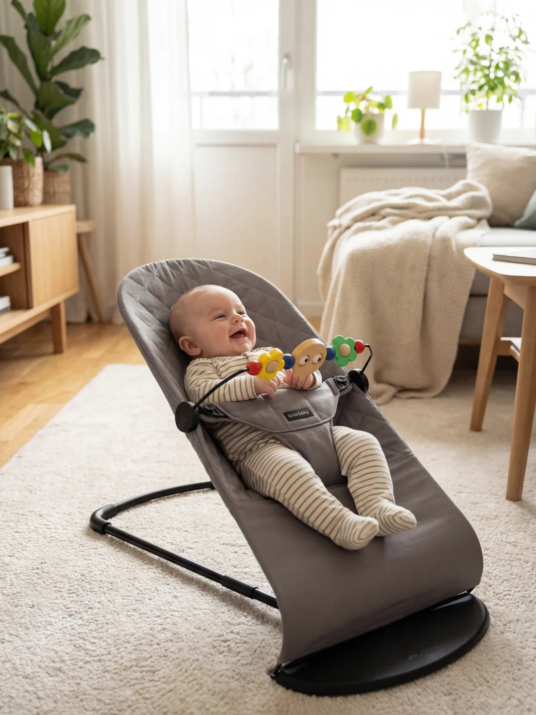 Portrait d'un bébé souriant dans un transat matelassé gris foncé profitant du balancement naturel.