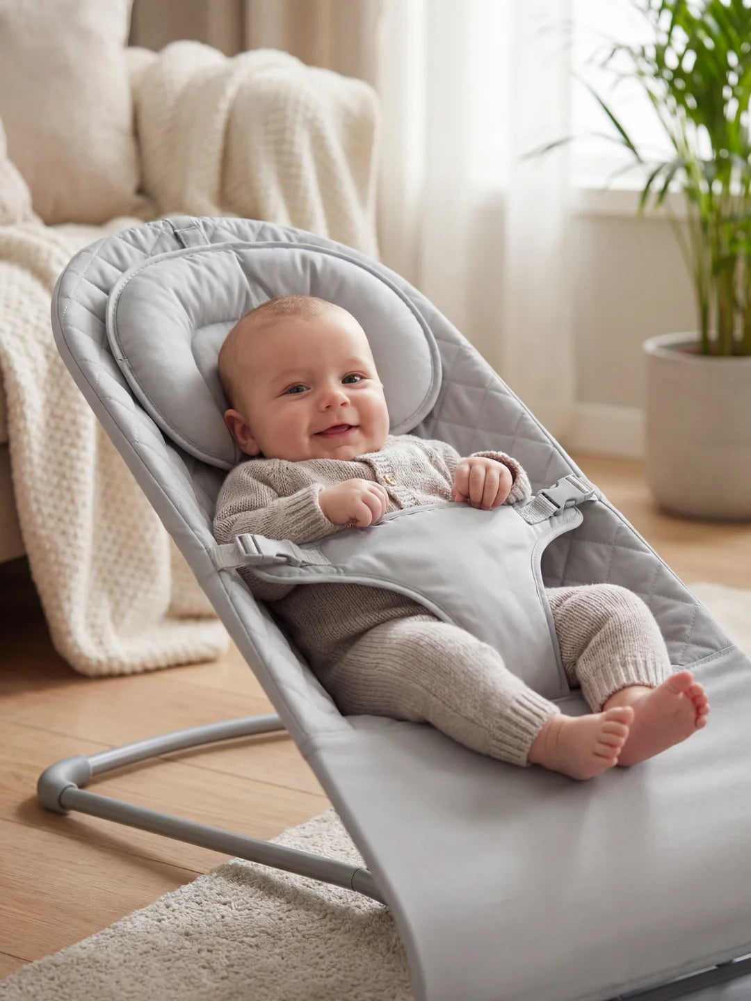 Portrait d'un bébé souriant en tenue de laine grise confortablement installé dans son transat ergonomique.