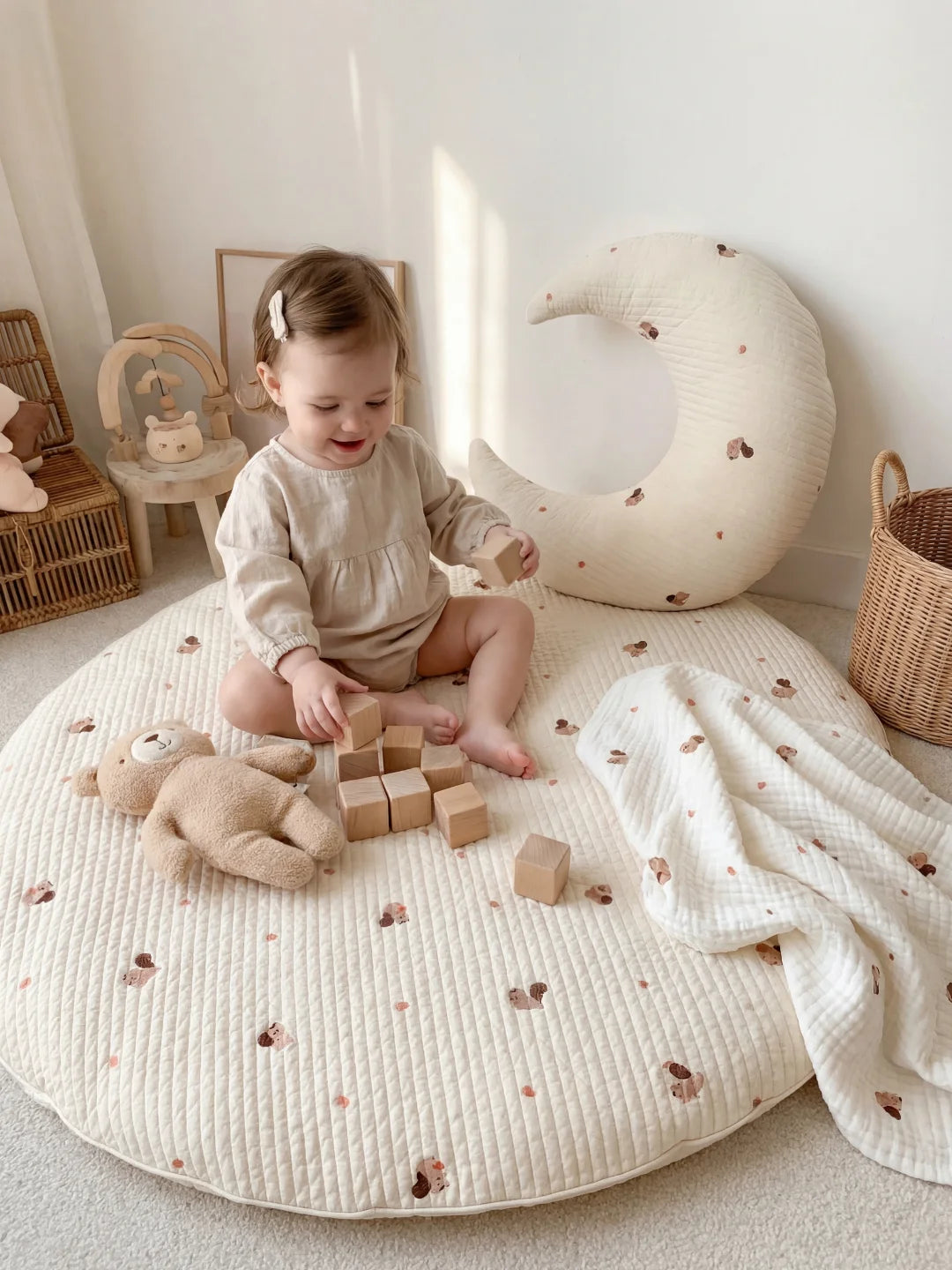 Petite fille assise sur un tapis d'éveil jouant avec des cubes en bois à côté d'un grand coussin en forme de lune.