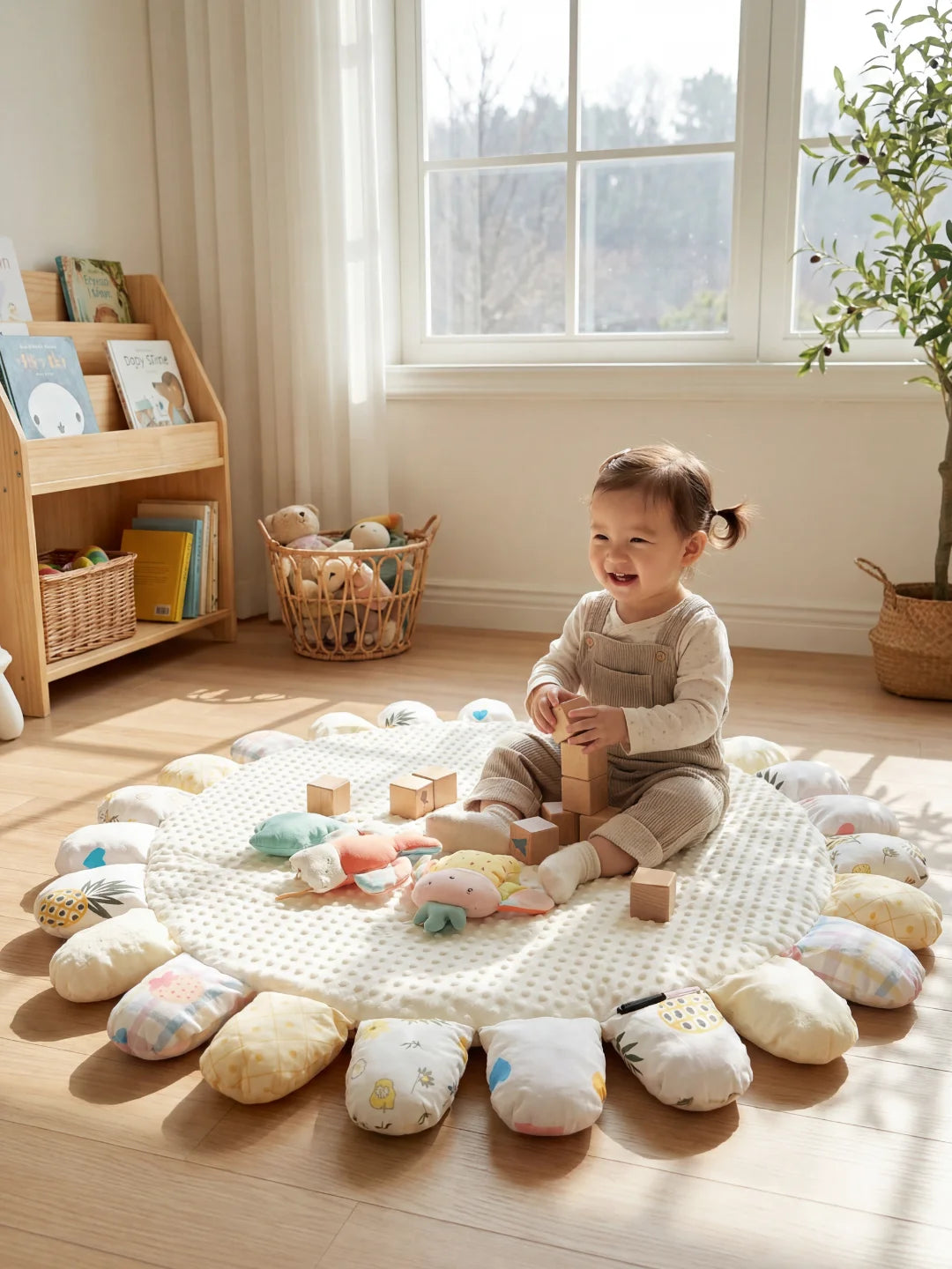 Bébé assis sur un tapis d'éveil blanc manipulant des blocs de bois et des peluches.