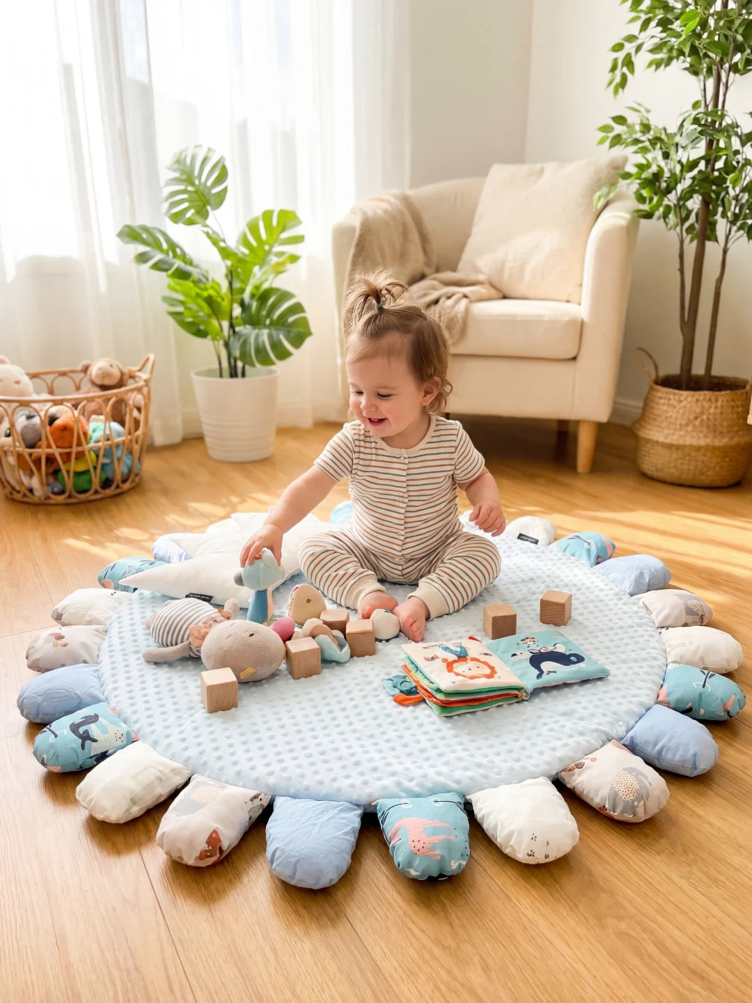 Enfant assis sur un tapis d'éveil bleu ciel manipulant des cubes en bois et des jouets d'éveil dans un intérieur moderne.