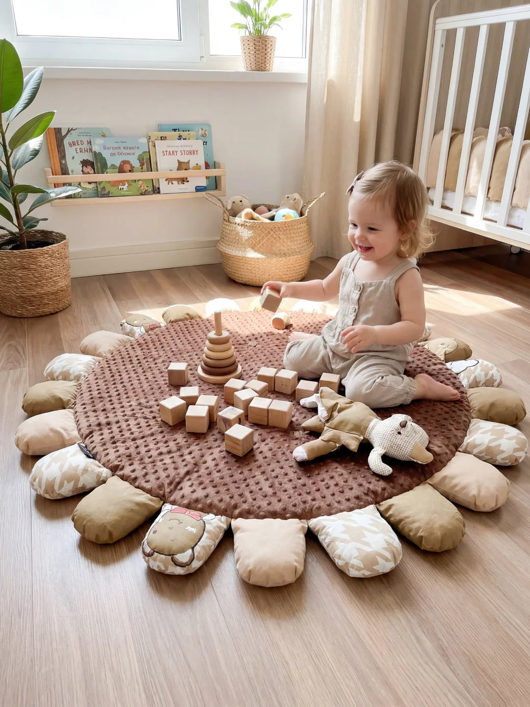 Enfant assis sur un tapis d'éveil marron jouant avec des cubes en bois naturel devant une petite bibliothèque pour enfants.