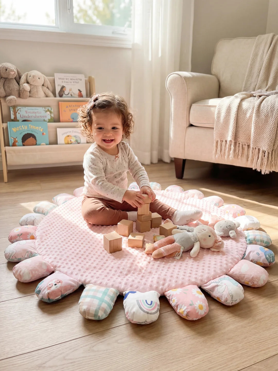 Petite fille assise sur un tapis d'éveil sensoriel rose jouant avec des blocs en bois et des peluches dans un salon lumineux.