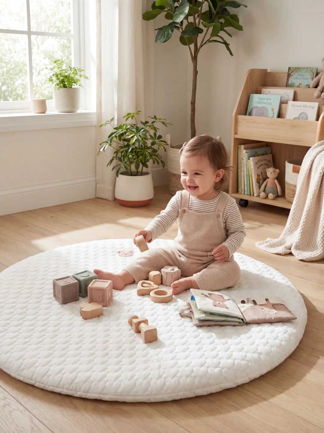 Petite fille assise sur un tapis d'éveil blanc texturé jouant avec des cubes en bois et un livre d'éveil.