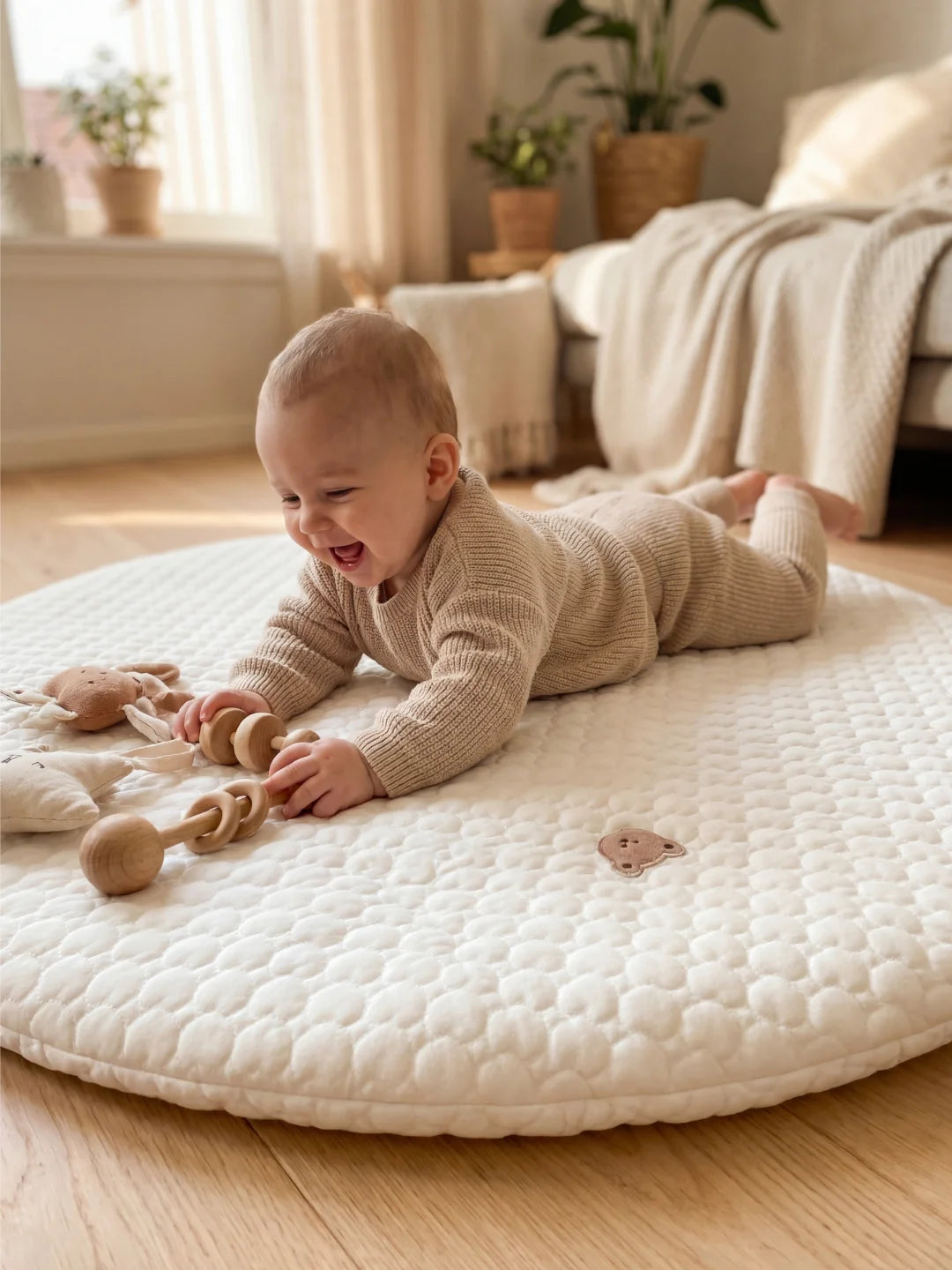 Bébé s'amusant avec un hochet en bois sur un tapis de sol matelassé blanc doux et épais.