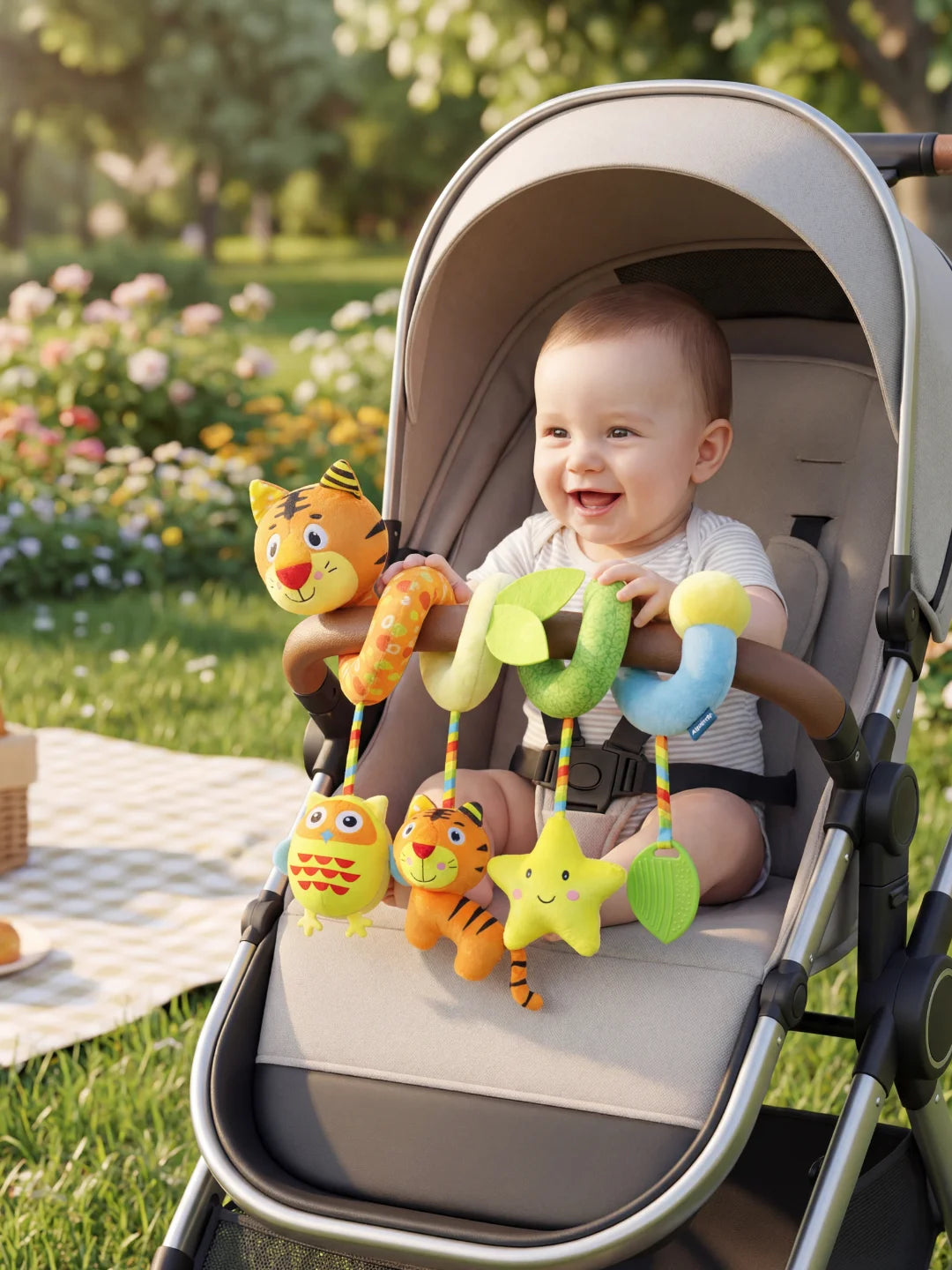 Bébé riant dans sa poussette en manipulant la spirale tigre lors d'une sortie au parc.