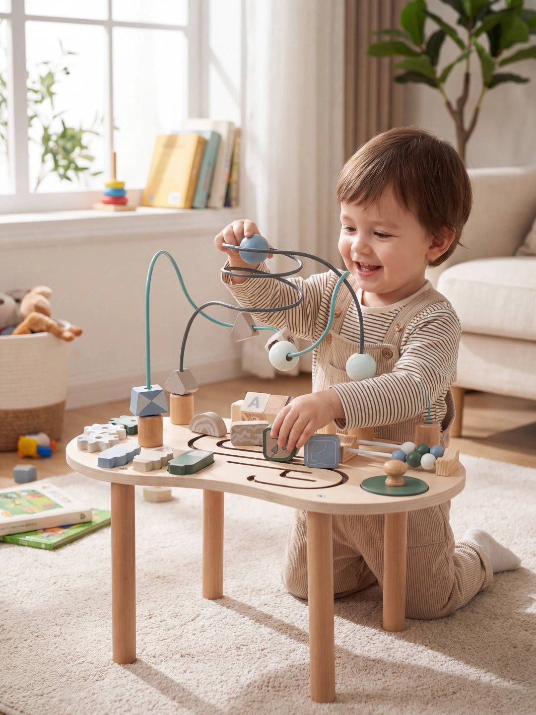 Bébé souriant en train de jouer à genoux avec la table d'activité en bois pour développer la motricité fine.