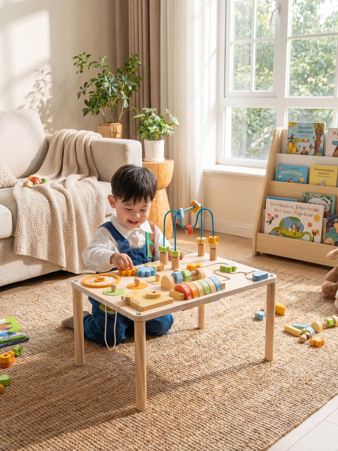 Bébé jouant avec une table d’activités en bois Montessori favorisant l’éveil et la coordination