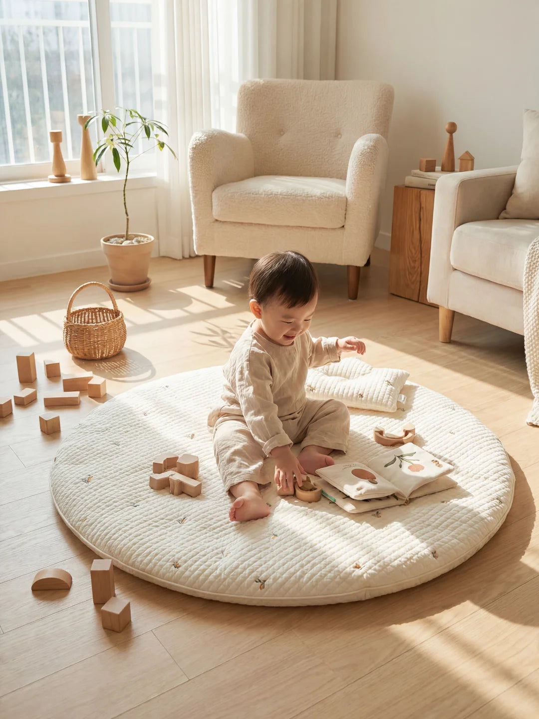 Bébé assis sur un tapis d'éveil en coton écru jouant avec un livre en tissu et des cubes en bois.