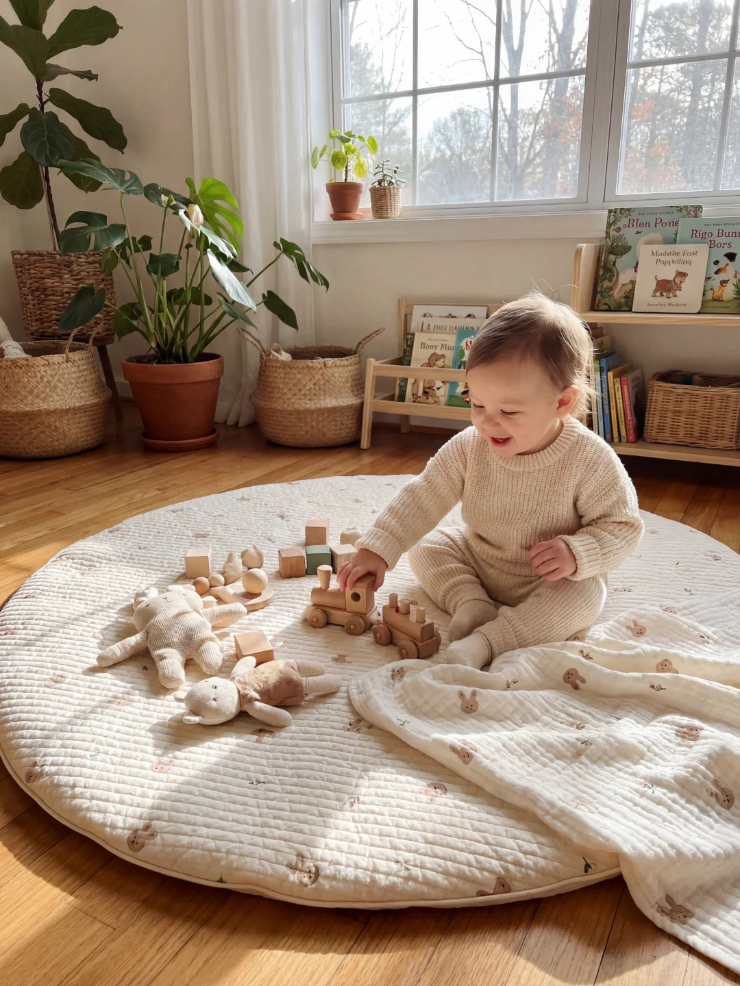 Enfant s'amusant avec un petit train en bois et des peluches sur un tapis d'éveil blanc parsemé de motifs lapins.