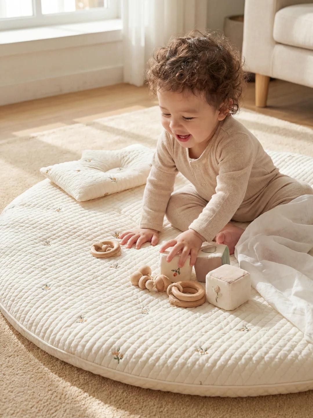 Enfant assis sur un tapis matelassé manipulant des cubes d'éveil en tissu doux et des hochets en bois.