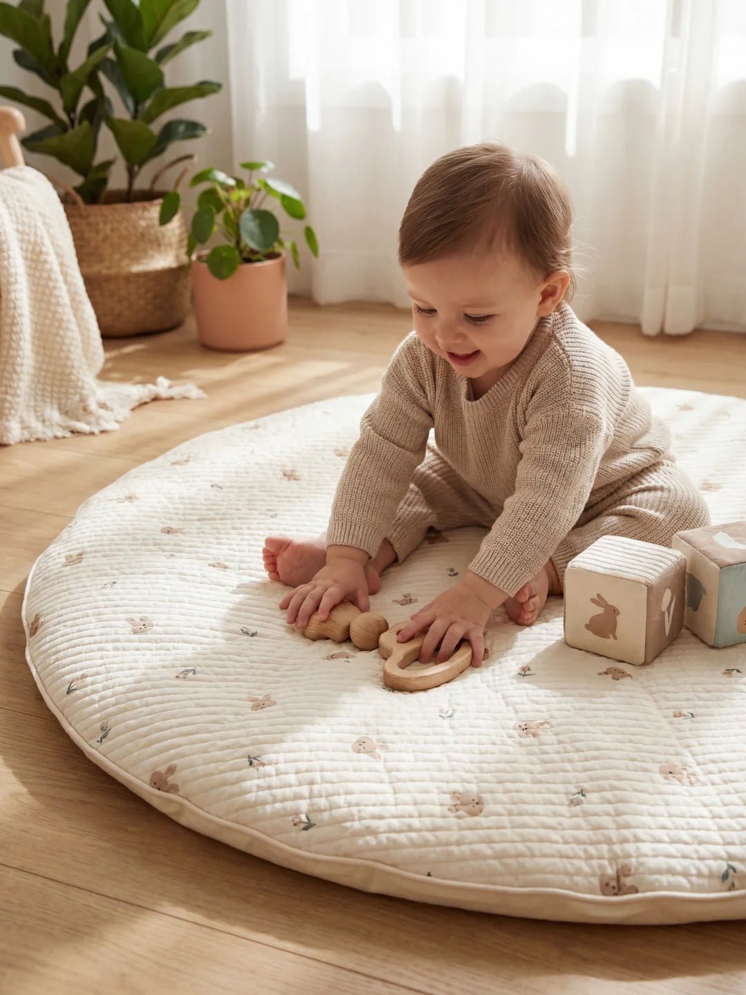 Bébé manipulant des cubes et des hochets en bois sur un tapis d'activité confortable aux finitions soignées.