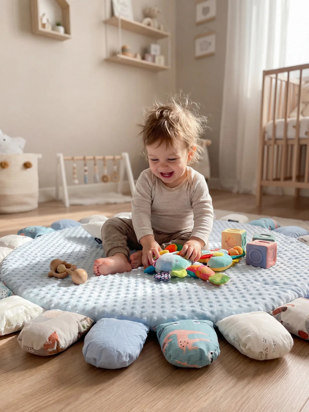 Enfant assis sur un tapis de sol bleu matelassé jouant avec une peluche sensorielle et des cubes souples.