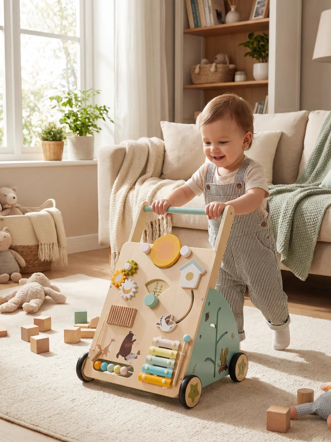 Bébé en salopette s'exerçant à marcher avec le chariot en bois stable Le P'tit Forestier.
