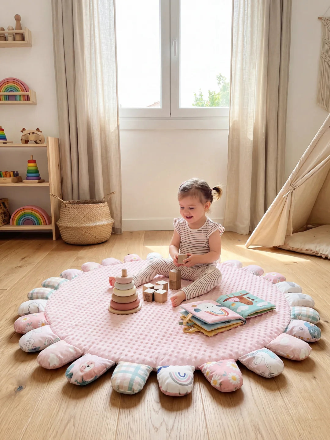 Enfant assis sur un tapis d'activité rose à pétales, manipulant un jouet à empiler en bois à côté d'un tipi.