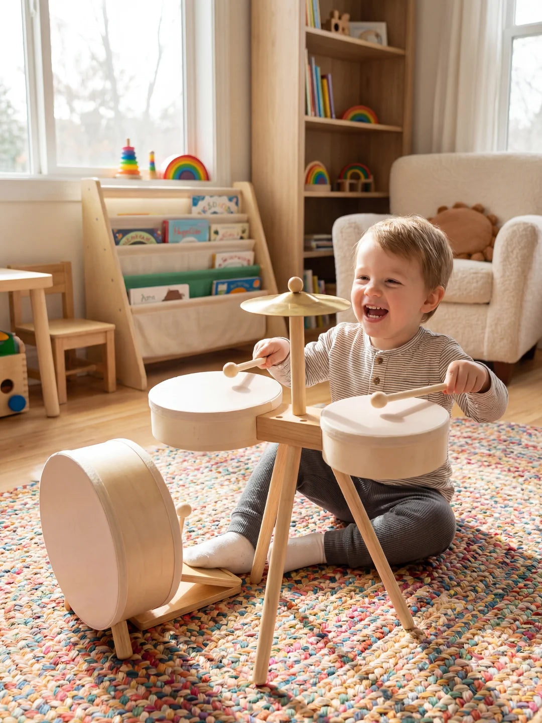 Bébé souriant aux éclats en utilisant les baguettes sur une batterie d'éveil musicale en bois.