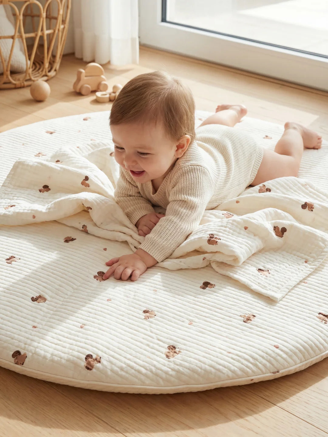 Bébé allongé sur le ventre sur un tapis de sol confortable, explorant les motifs écureuils du tissu.