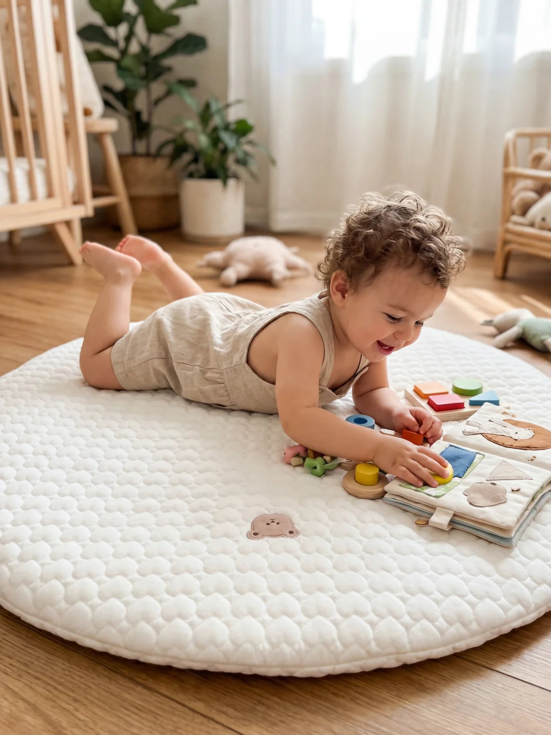 Enfant allongé sur le ventre sur un tapis d'éveil blanc à motifs cœurs, explorant un livre sensoriel coloré.