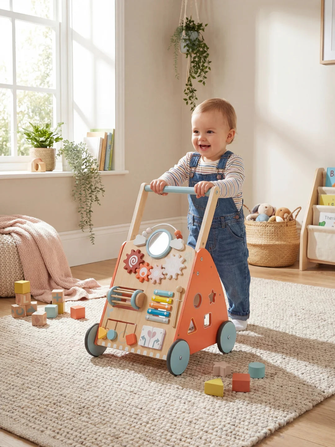 Jeune enfant debout s'appuyant sur le chariot de marche Le P'tit Aventurier pour apprendre l'équilibre.