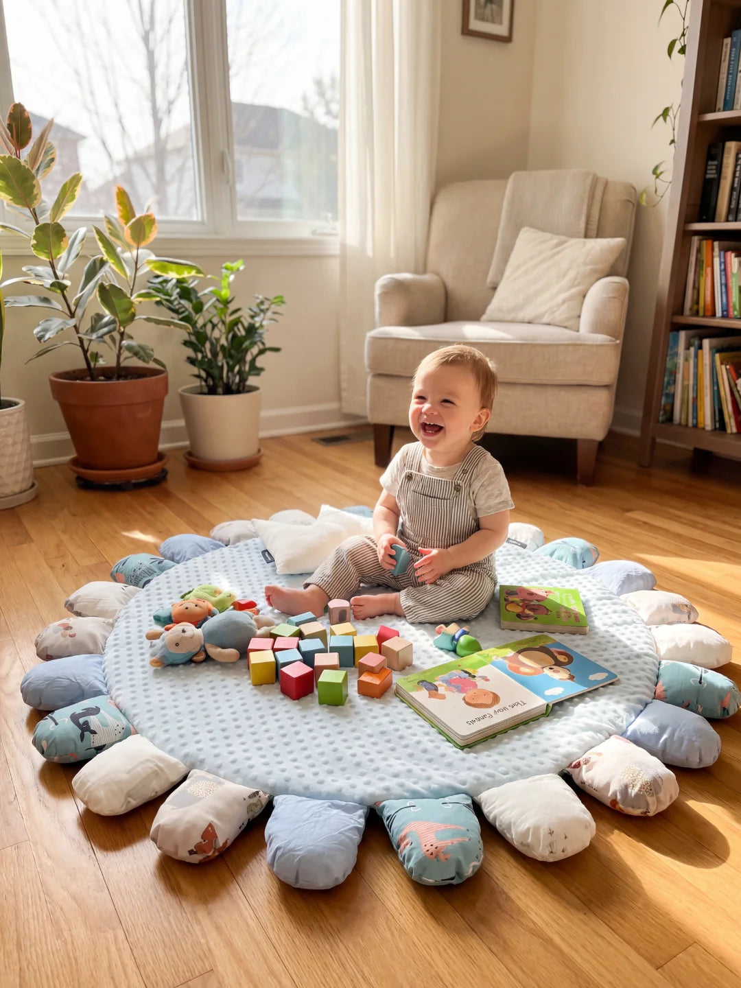 Bébé souriant assis sur un tapis d'activité bleu avec des livres d'éveil et des blocs de construction colorés.