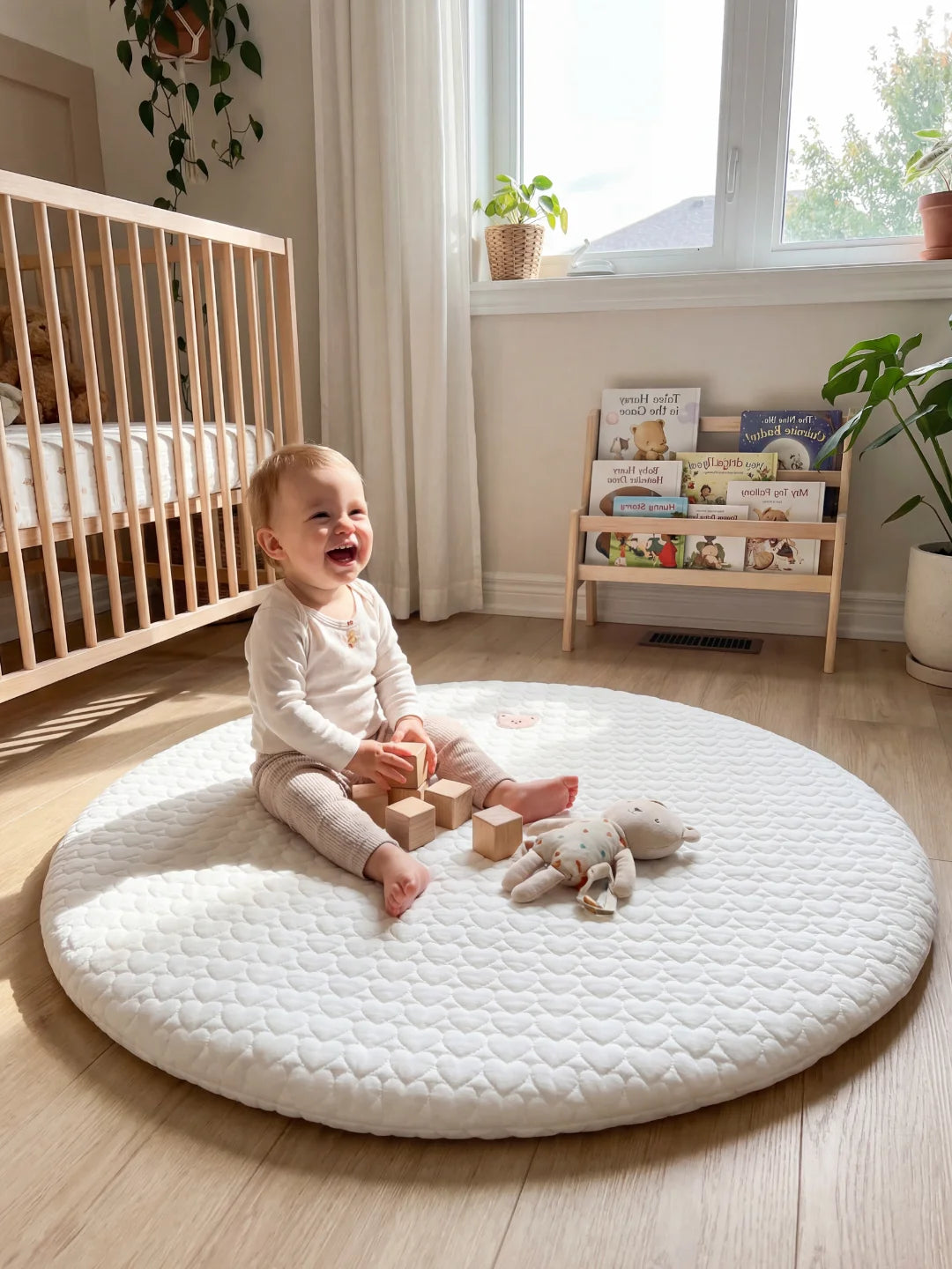 Bébé souriant assis sur un tapis de sol blanc très confortable à côté d'un lit de bébé en bois naturel.