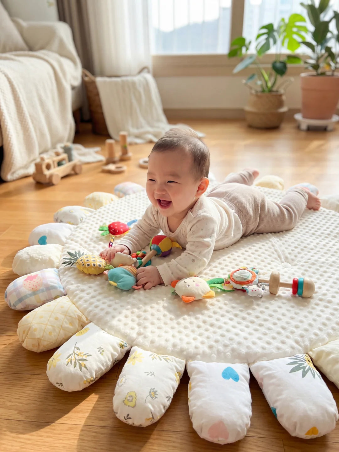 Bébé riant allongé sur un tapis blanc minky jouant avec des accessoires d'éveil colorés.