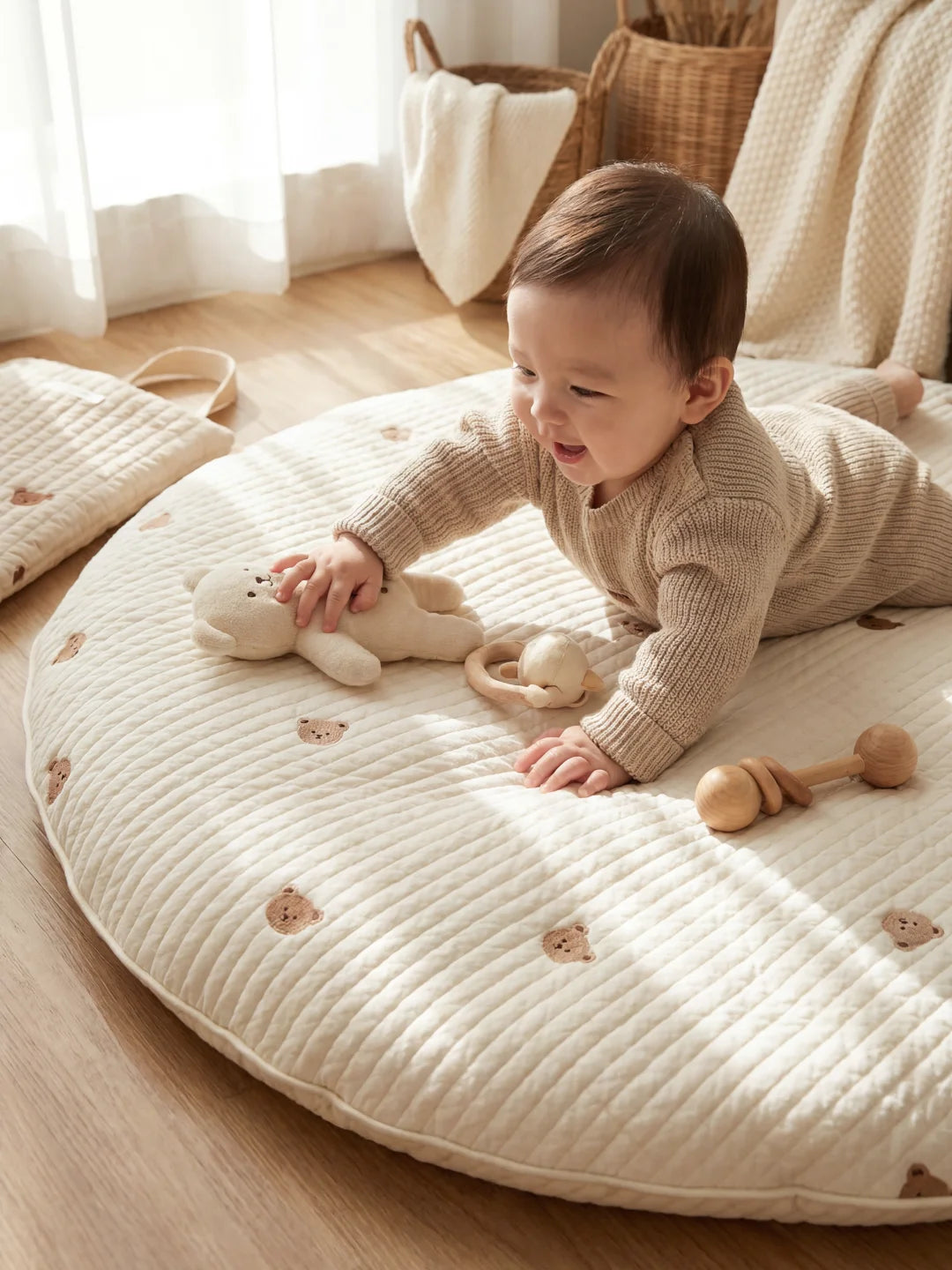 Bébé allongé sur le ventre sur un tapis d'éveil confortable, attrapant une petite peluche ours et un hochet en bois.