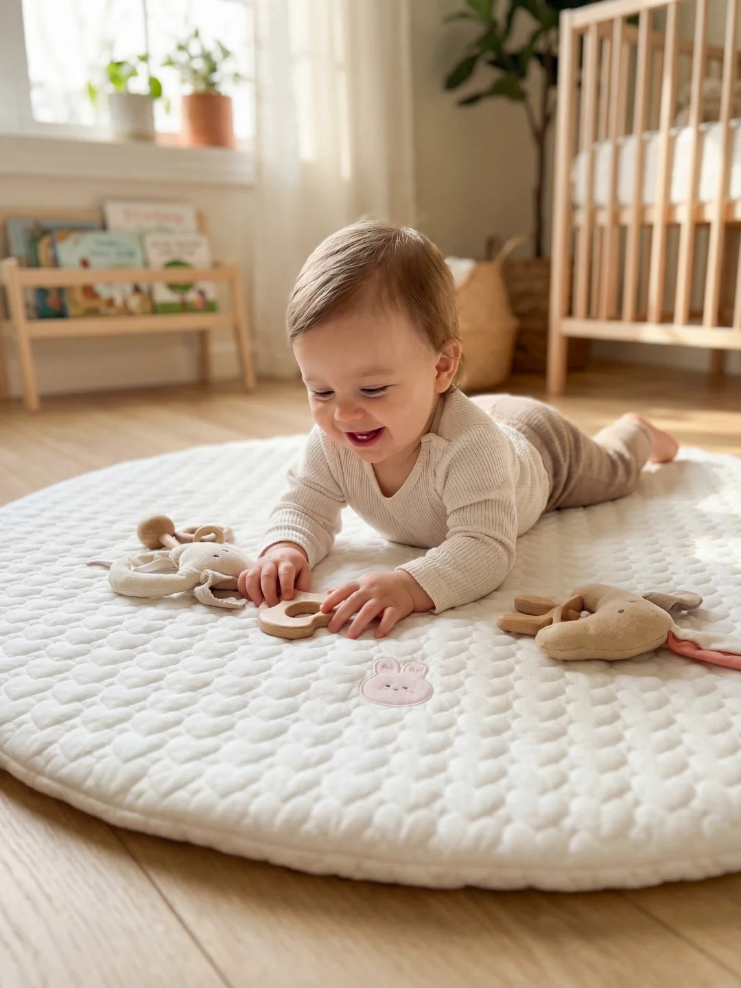Bébé allongé sur le ventre sur un tapis de sol confortable à motifs cœurs, attrapant un anneau de dentition.