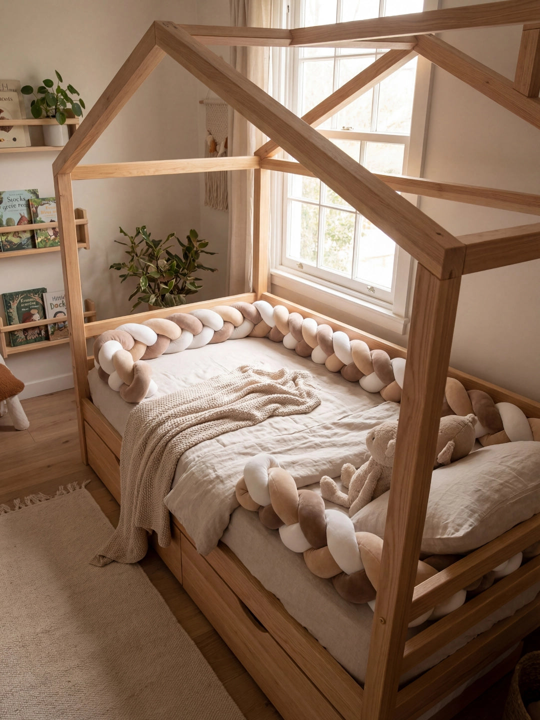 Aménagement d'une chambre bébé mixte aux tons neutres avec un lit cabane sécurisé par une tresse de lit beige.