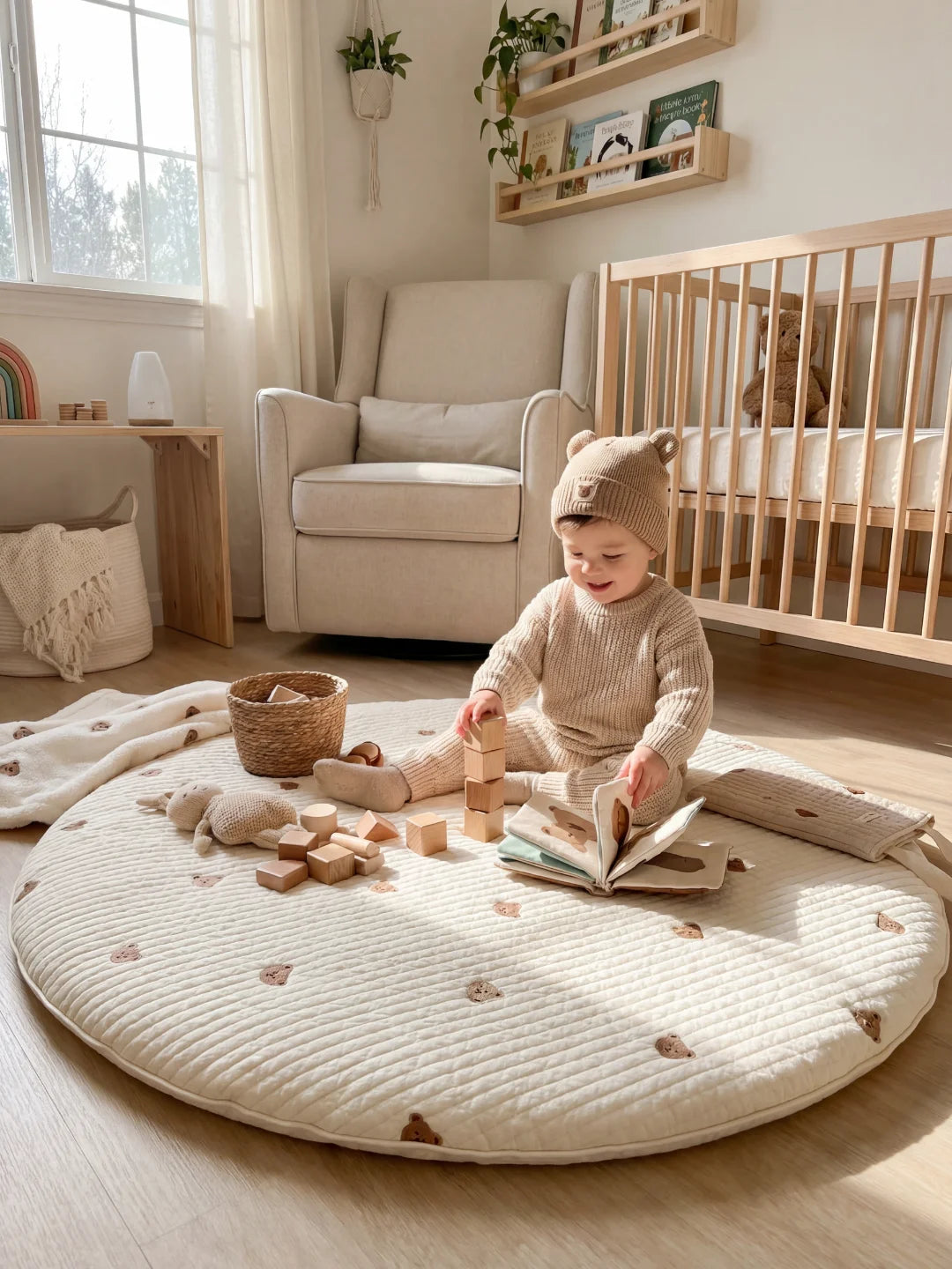 Enfant jouant avec des cubes en bois et un livre sur un grand tapis d'éveil rond dans une chambre de bébé décorée avec soin.