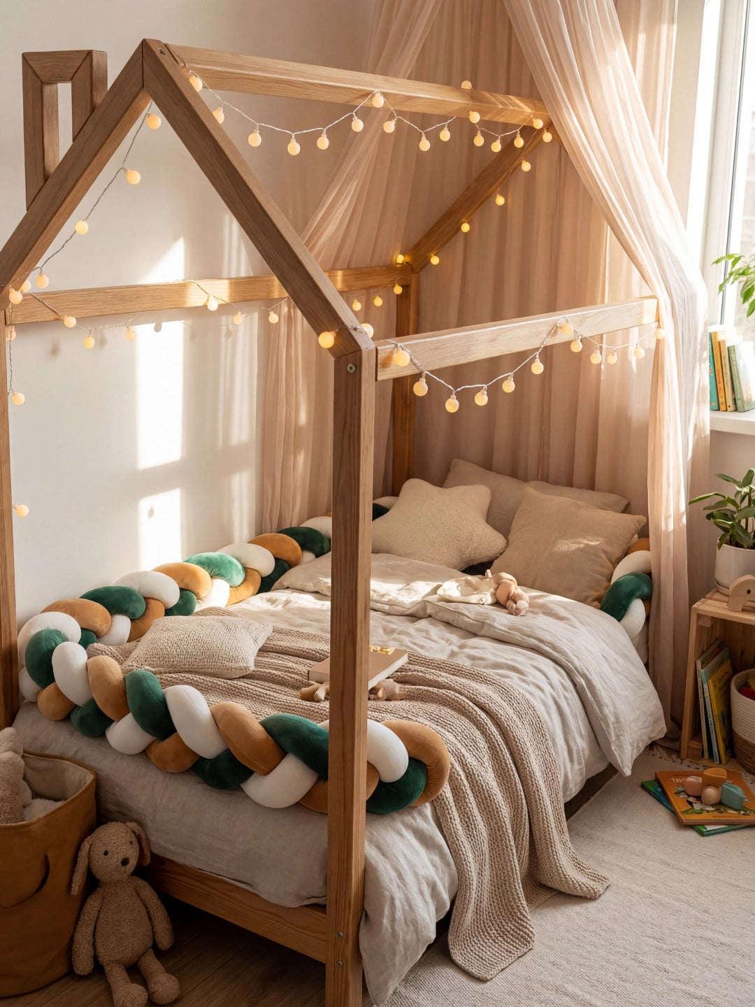Aménagement cosy d'une chambre enfant avec un lit cabane habillé de voilages et d'un tour de lit tressé vert et moutarde.