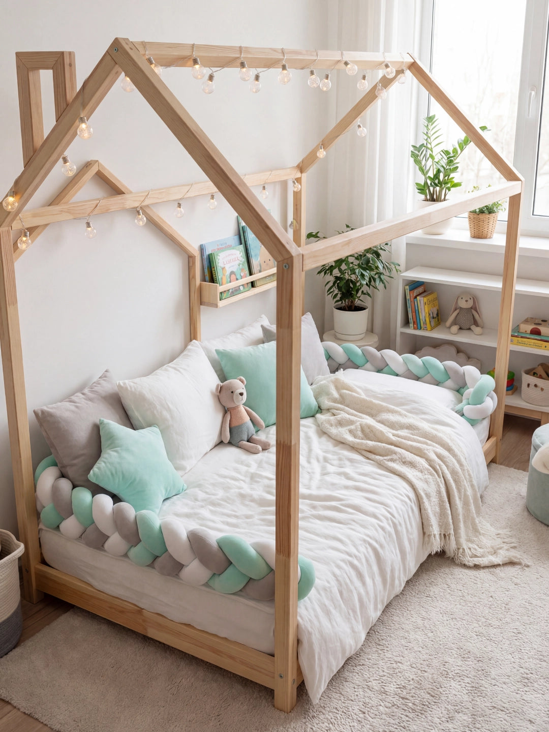 Inspiration déco chambre enfant thème nature avec lit cabane, plantes vertes et protection de lit tressée menthe.