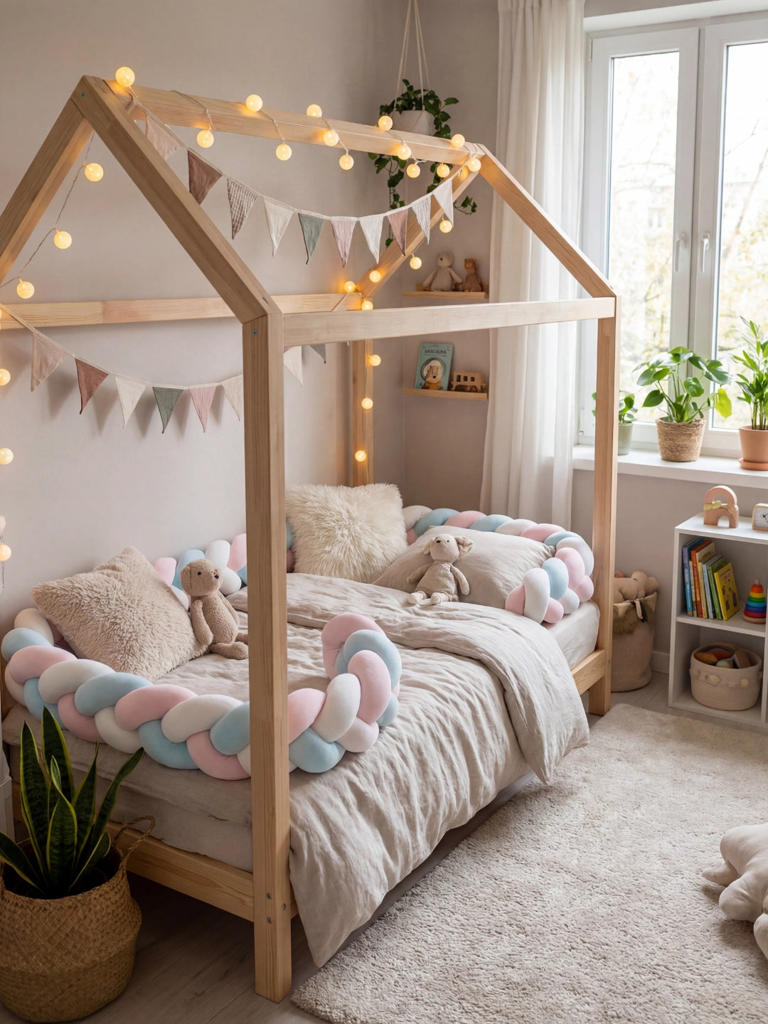 Décoration de chambre enfant mixte avec lit cabane, fanions et protection de lit tressée aux couleurs rose et bleu pastel.