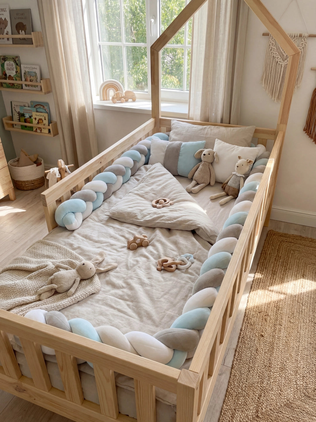 Vue d'ensemble d'une chambre enfant scandinave avec un lit cabane en bois et un tour de lit tressé bleu et gris.