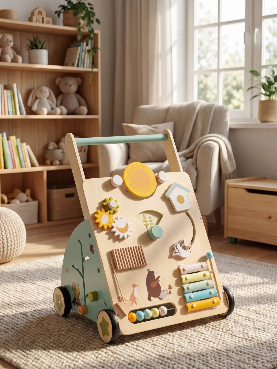 Chariot de marche en bois Le P'tit Forestier avec illustrations d'ours, de renard et jeux d'éveil.