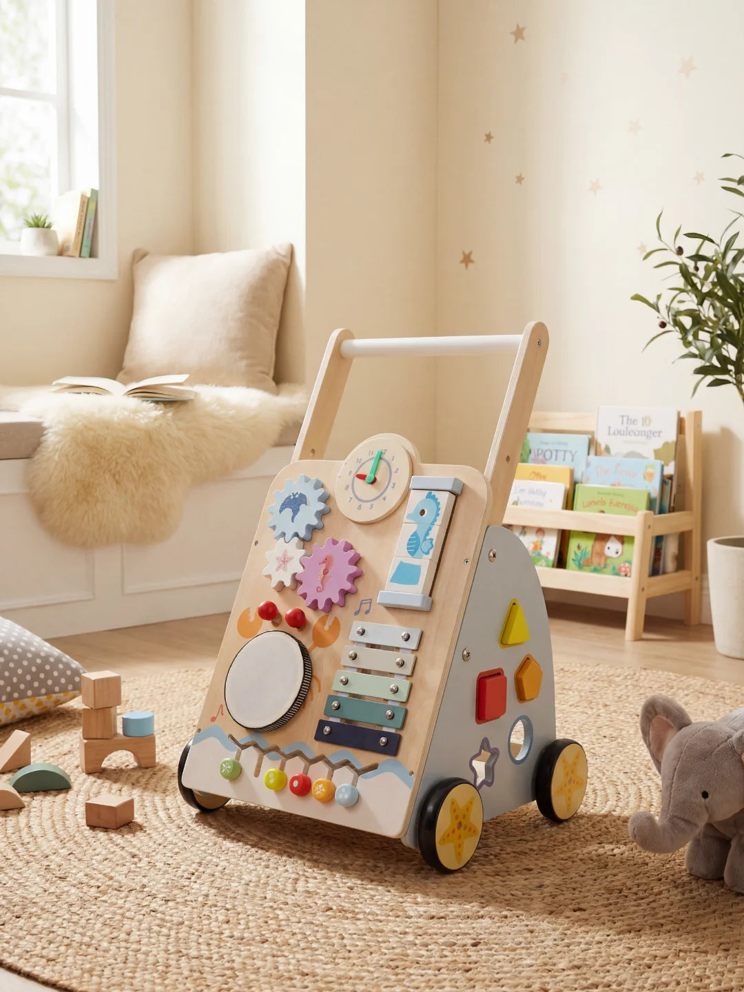 Chariot de marche en bois bleu Le P'tit Marin avec tambour, xylophone et motifs marins.