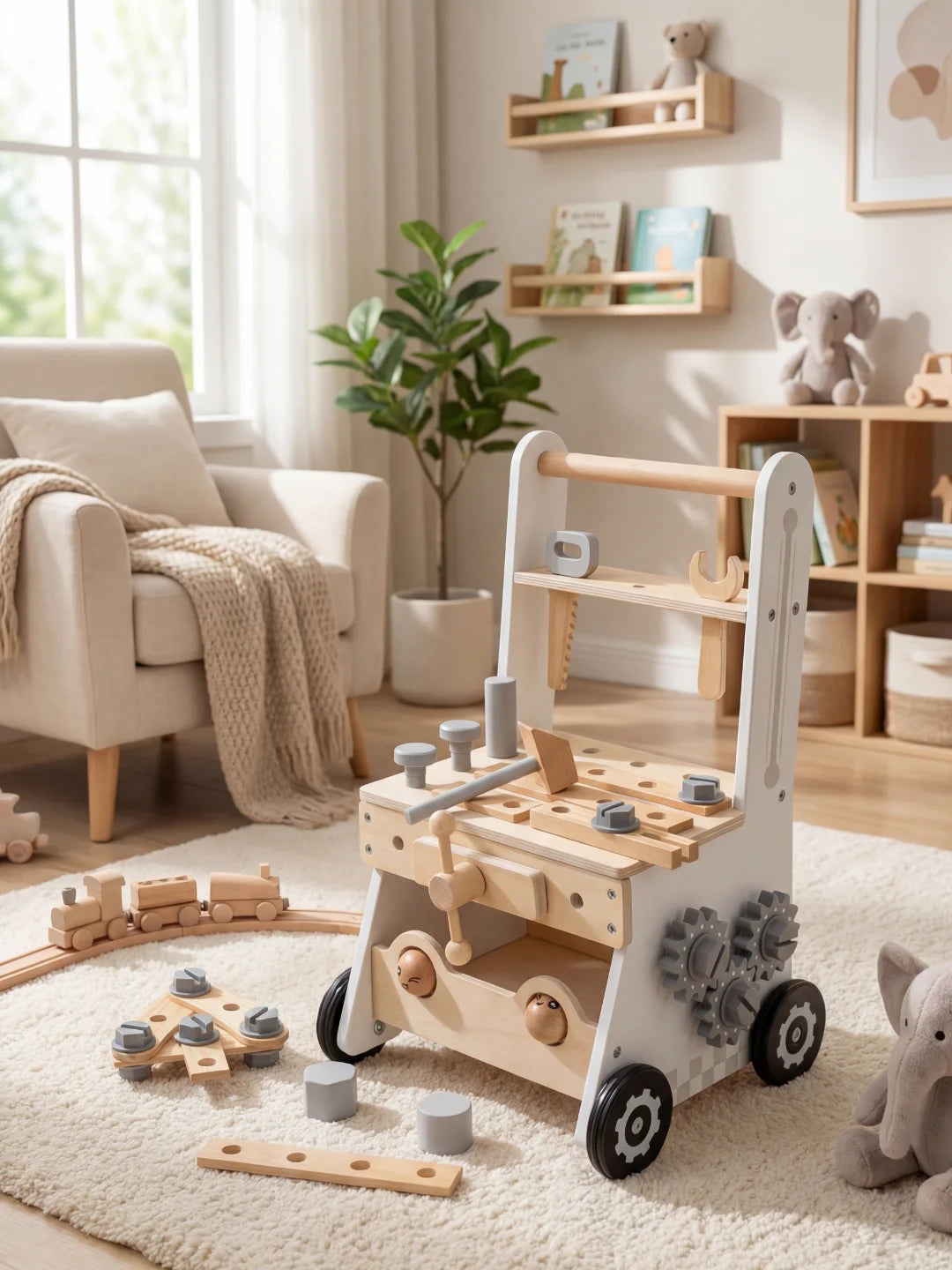 Chariot de marche établi en bois Le P'tit Bricoleur avec outils et engrenages pour enfant.