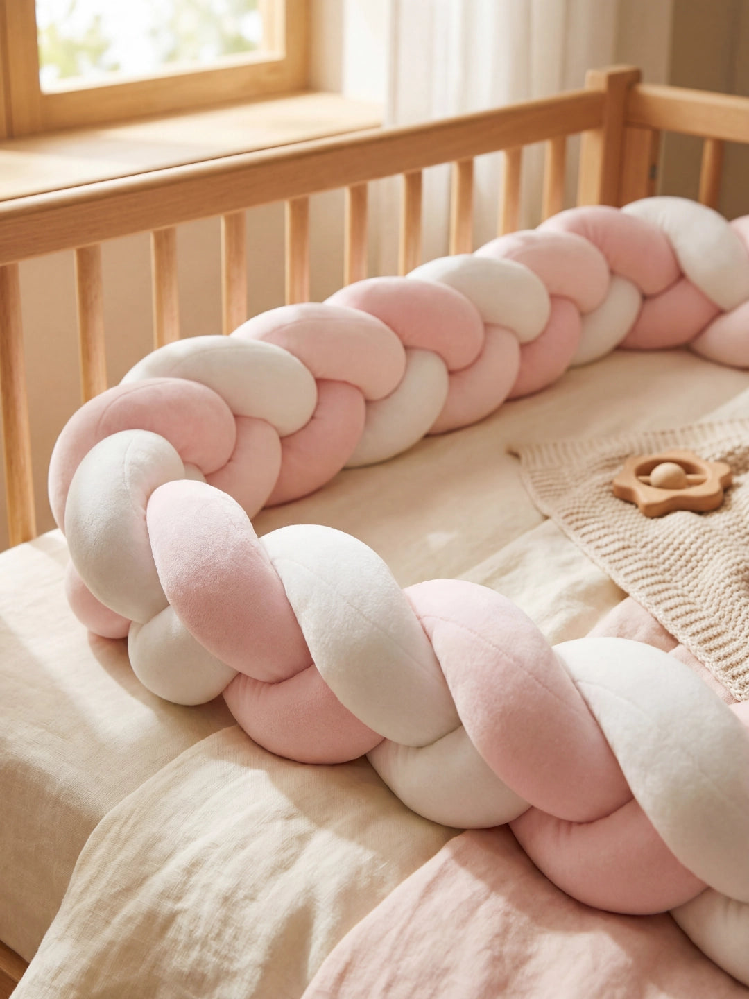 Contour de lit bébé tressé 3 brins rose et blanc longeant les barreaux pour la sécurité de l'enfant.