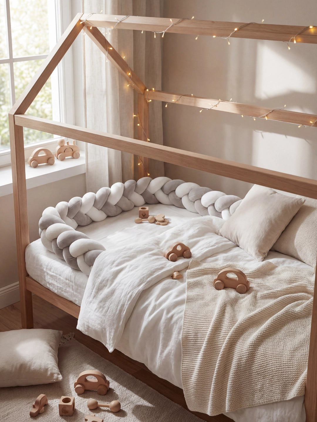 Contour de lit bébé tressé bicolore gris et blanc protégeant l'enfant des chocs contre le cadre du lit.