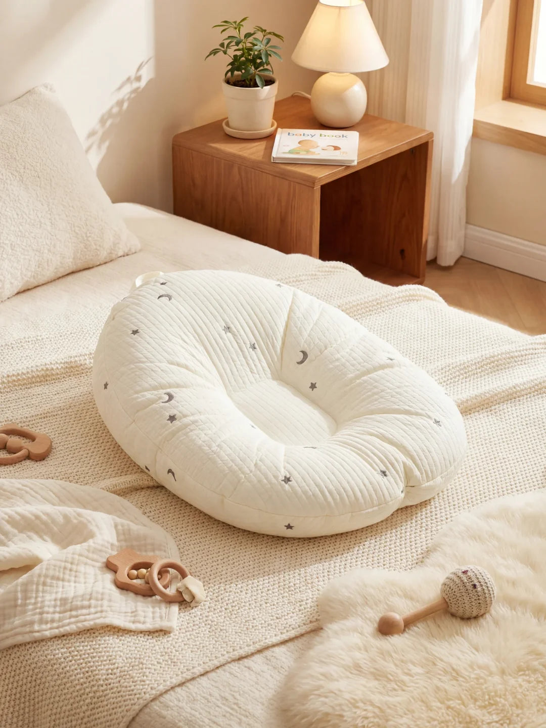 Coussin d'allaitement écru motif étoiles et lunes grises dans une chambre douce