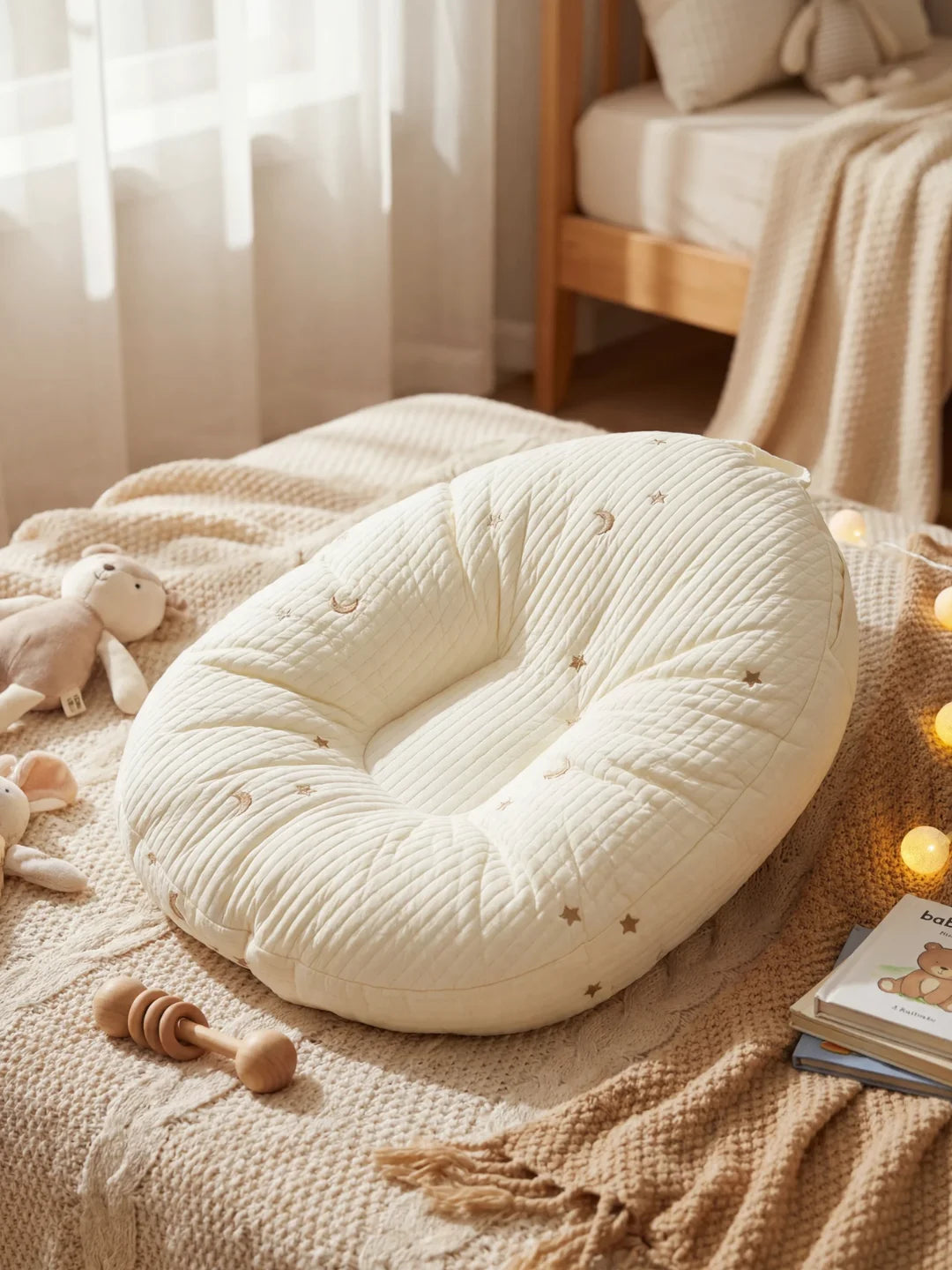 Coussin d'allaitement matelassé écru avec broderies étoiles et lunes pour bébé