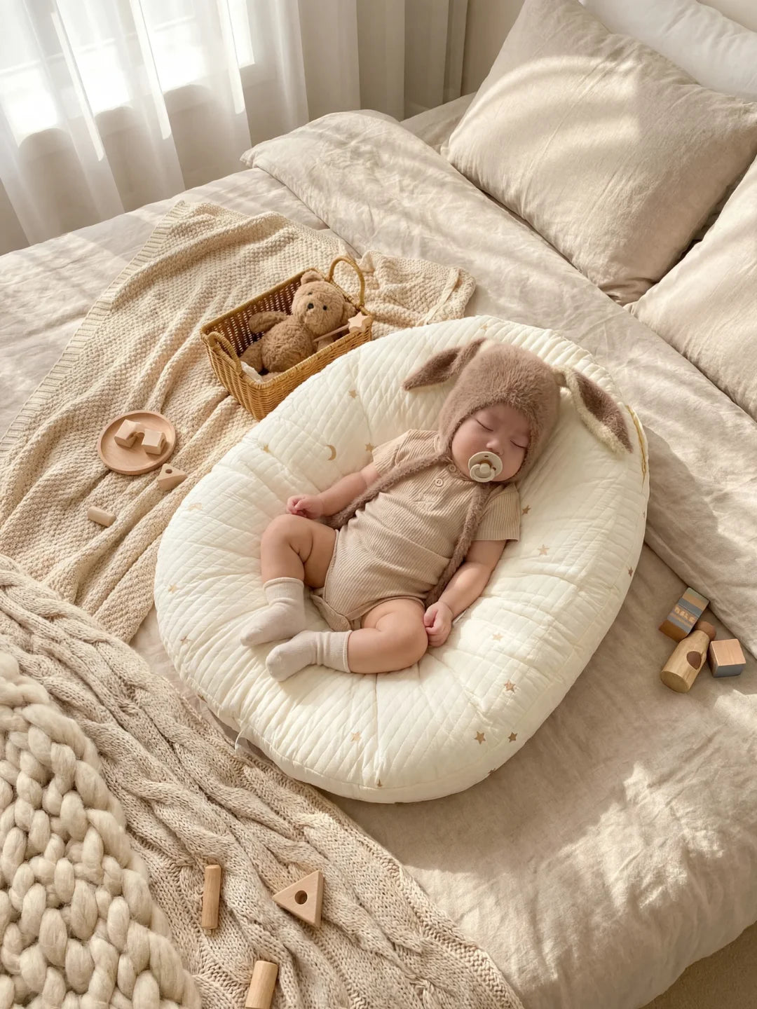 Bébé qui dort dans un coussin d'allaitement écru vu de dessus