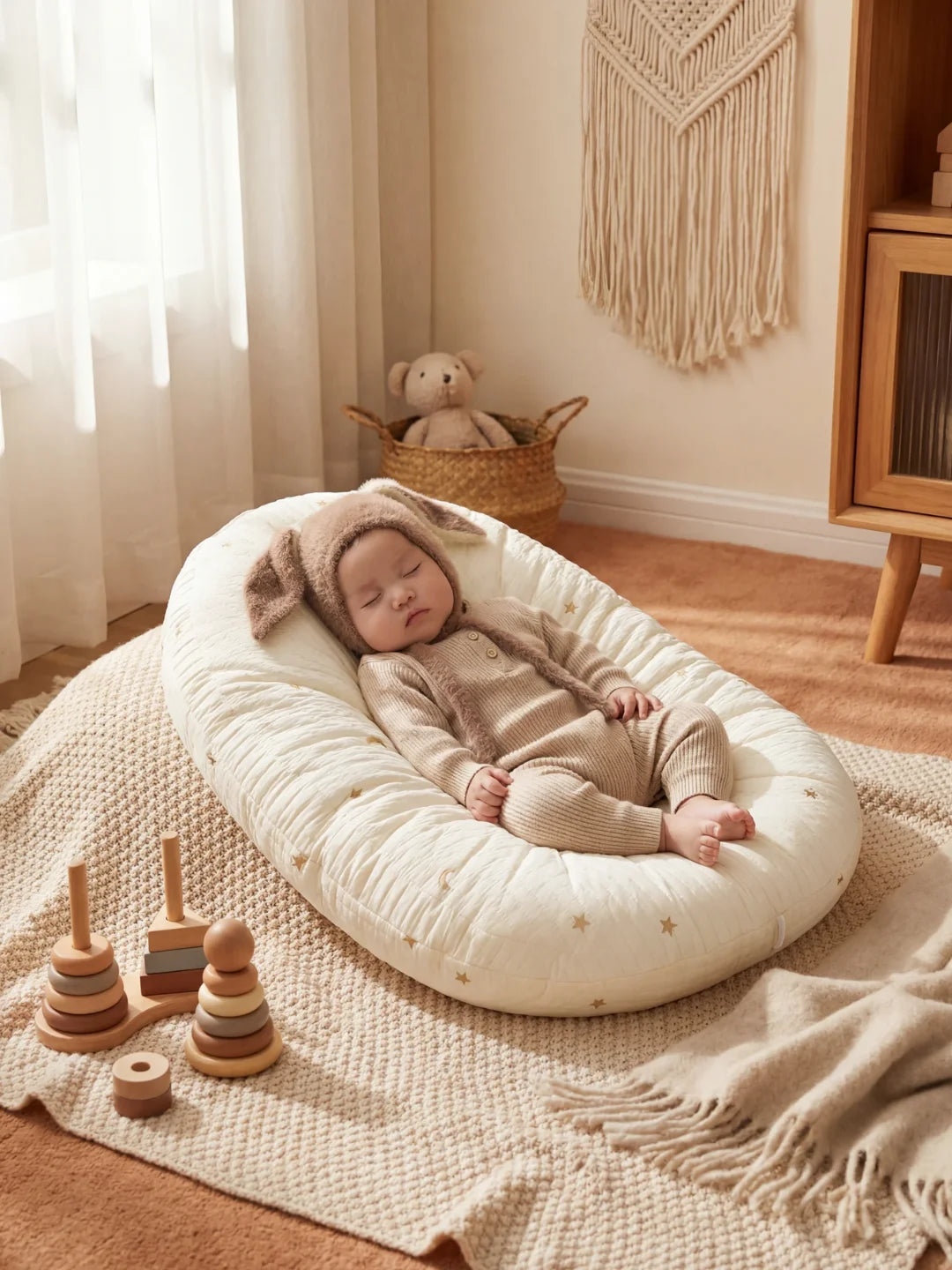 Bébé endormi confortablement dans un coussin d'allaitement écru brodé étoiles