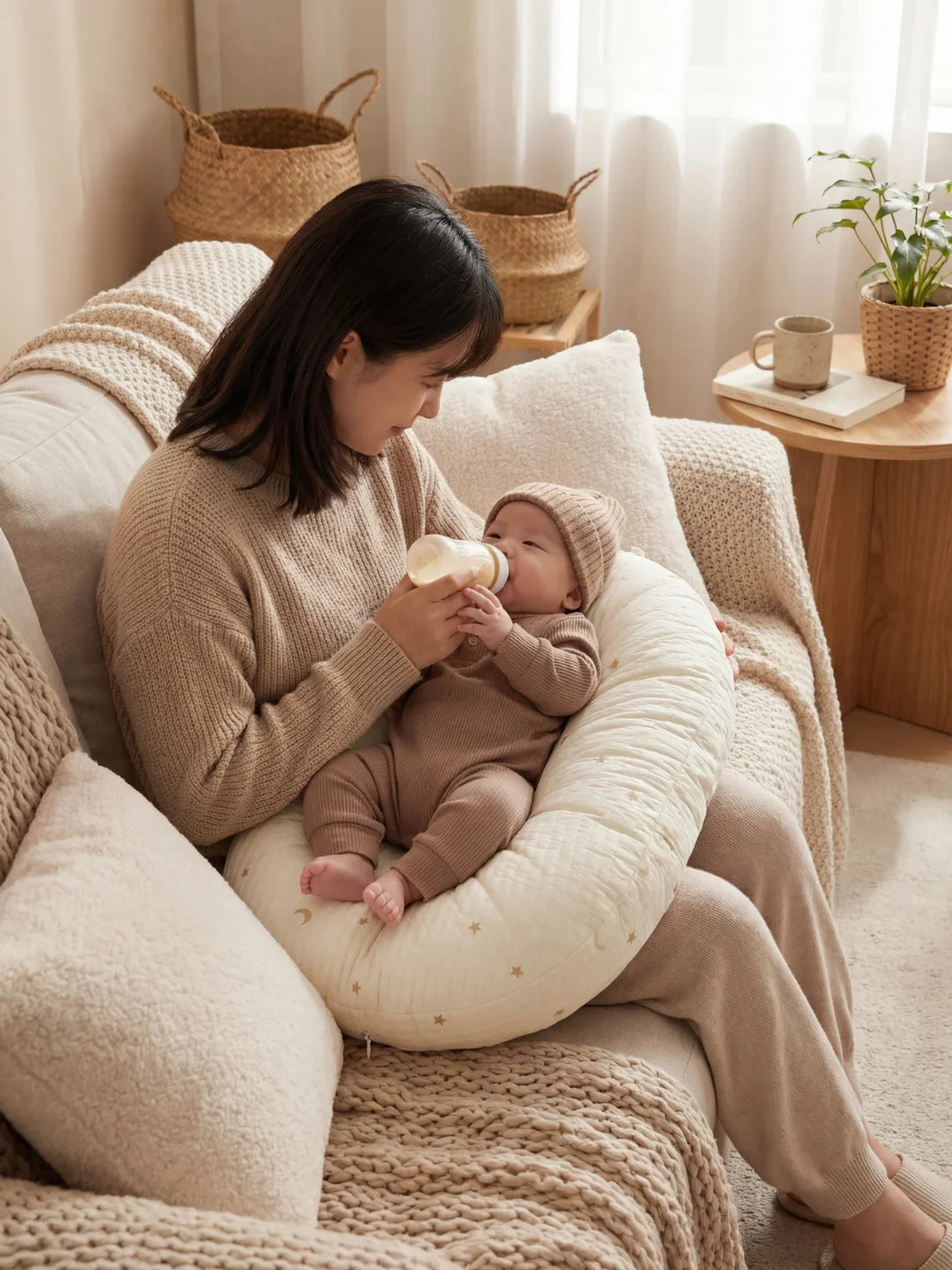 Maman donnant le biberon à bébé installé dans un coussin d'allaitement écru