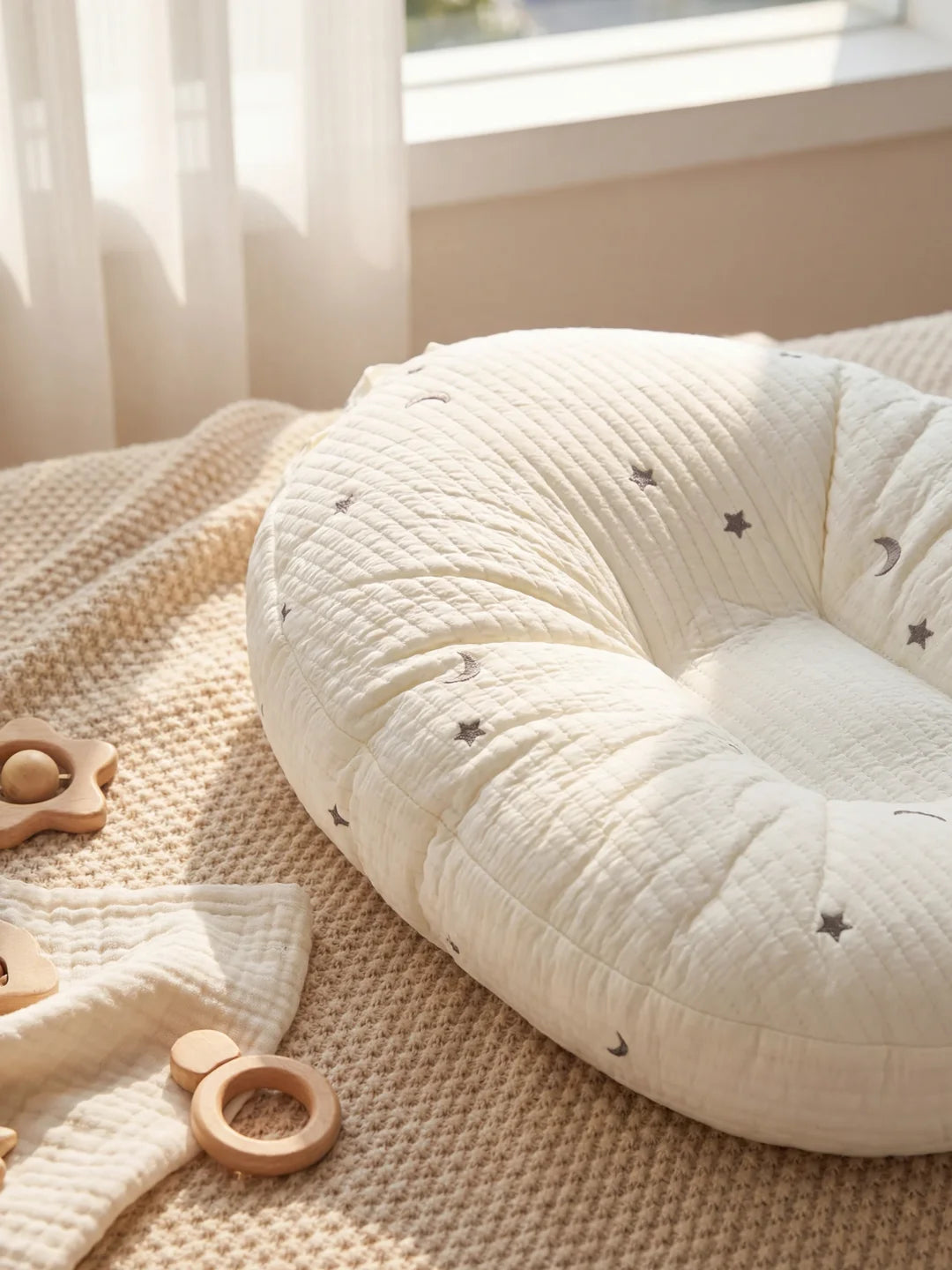Détail des broderies étoiles et lunes grises sur coussin d'allaitement matelassé écru