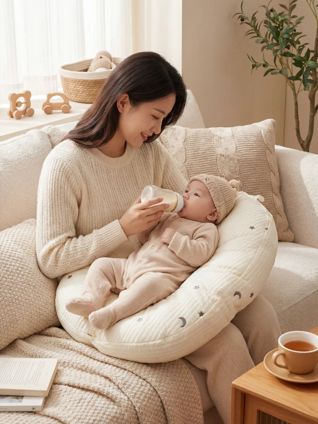Maman nourrissant bébé au biberon dans un coussin d'allaitement gris étoiles sur canapé