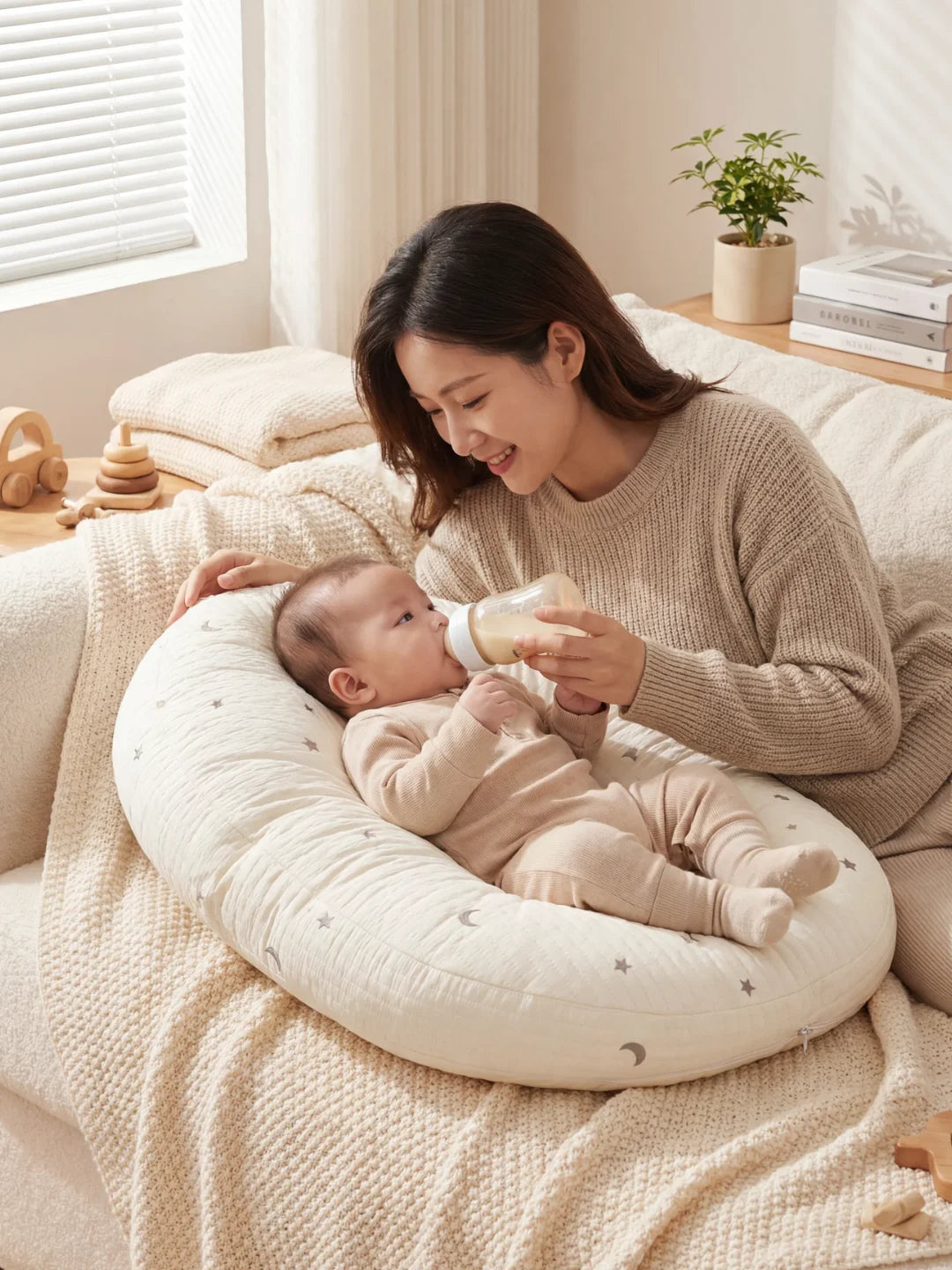 Maman donnant le biberon à bébé installé dans un coussin d'allaitement motif gris