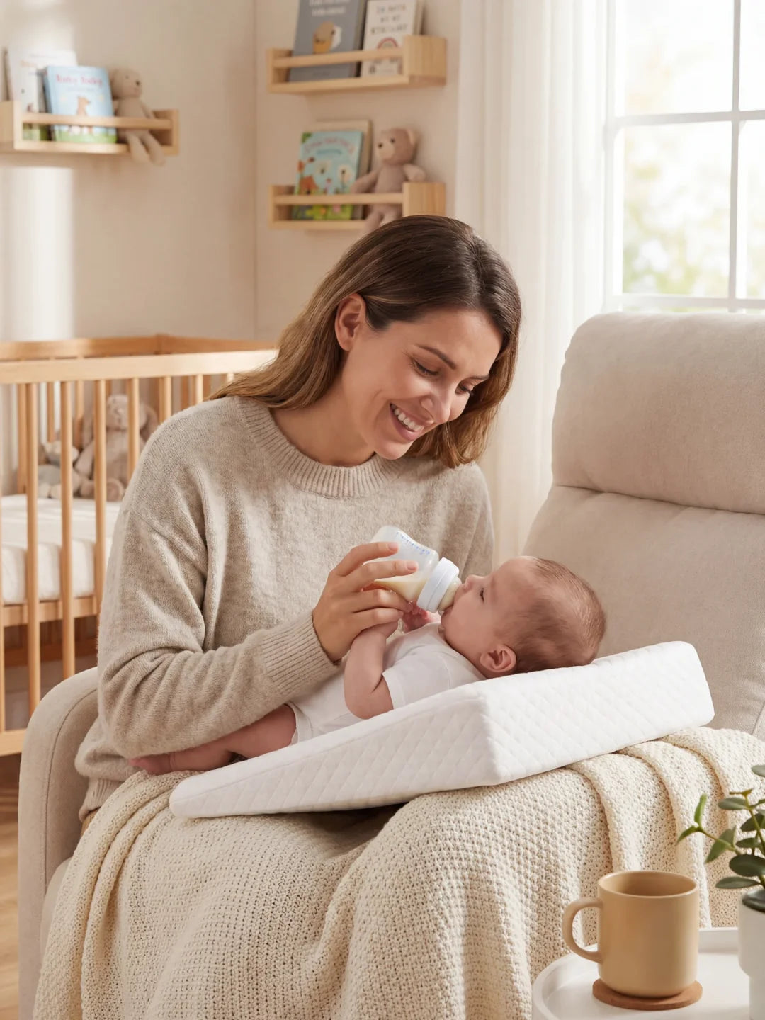 maman donnant le biberon à bébé sur coussin incliné blanc anti reflux